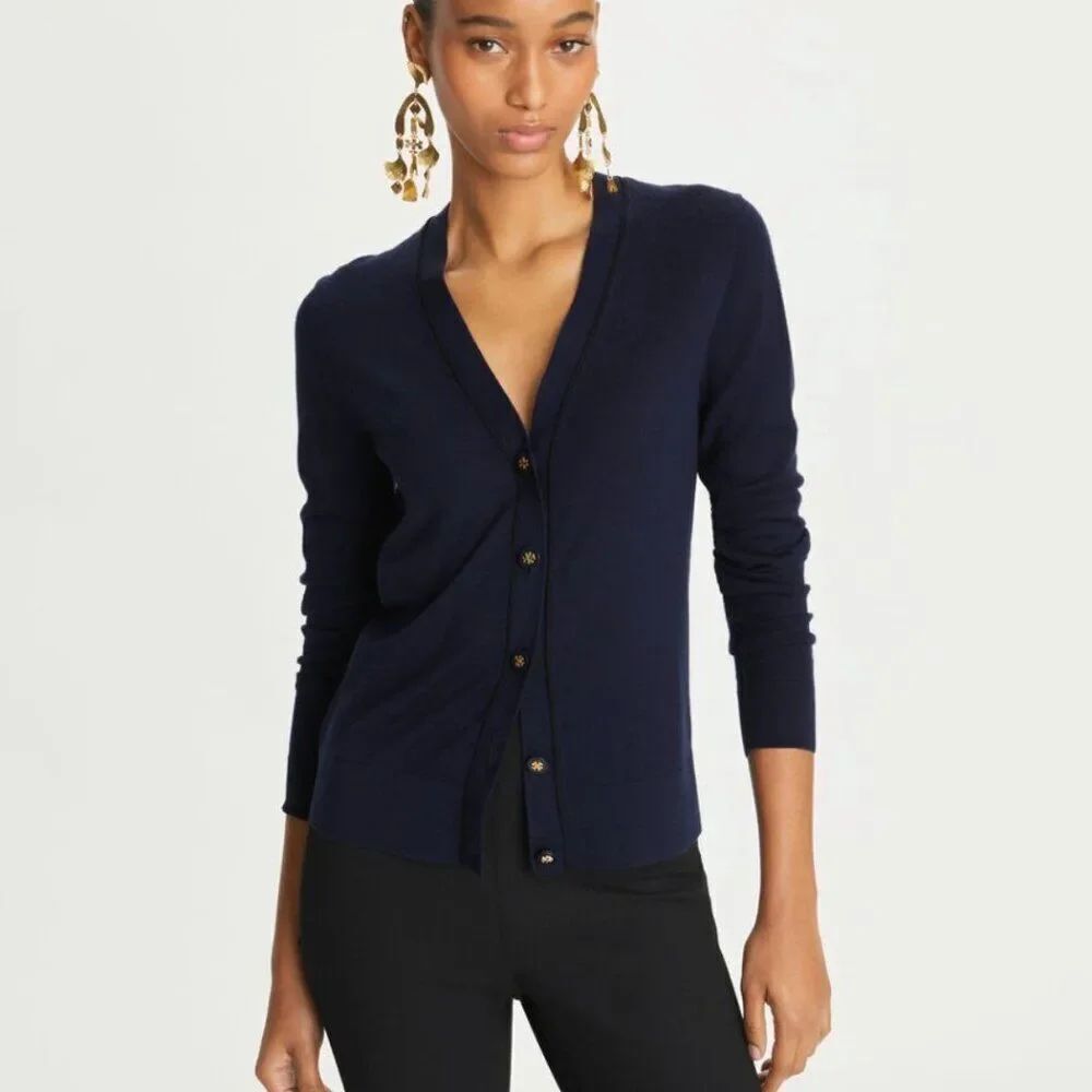 Tory Burch Womens Cardigan Sweater XS Navy Long Sleeve V Neck Wool NWT